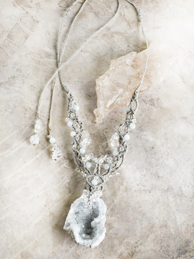 'Angel's Embrace' ~ Celestite crystal healing amulet with clear Quartz & Aquamarine