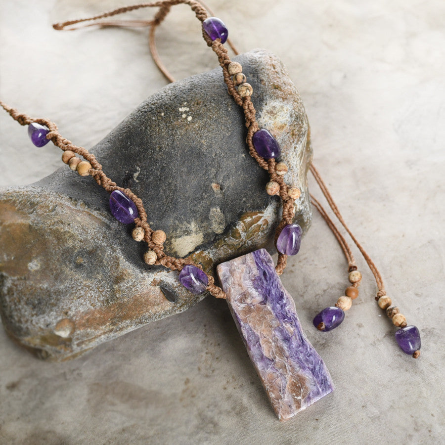 'Violet River' ~ Charoite crystal amulet with Amethyst & Picture Jasper