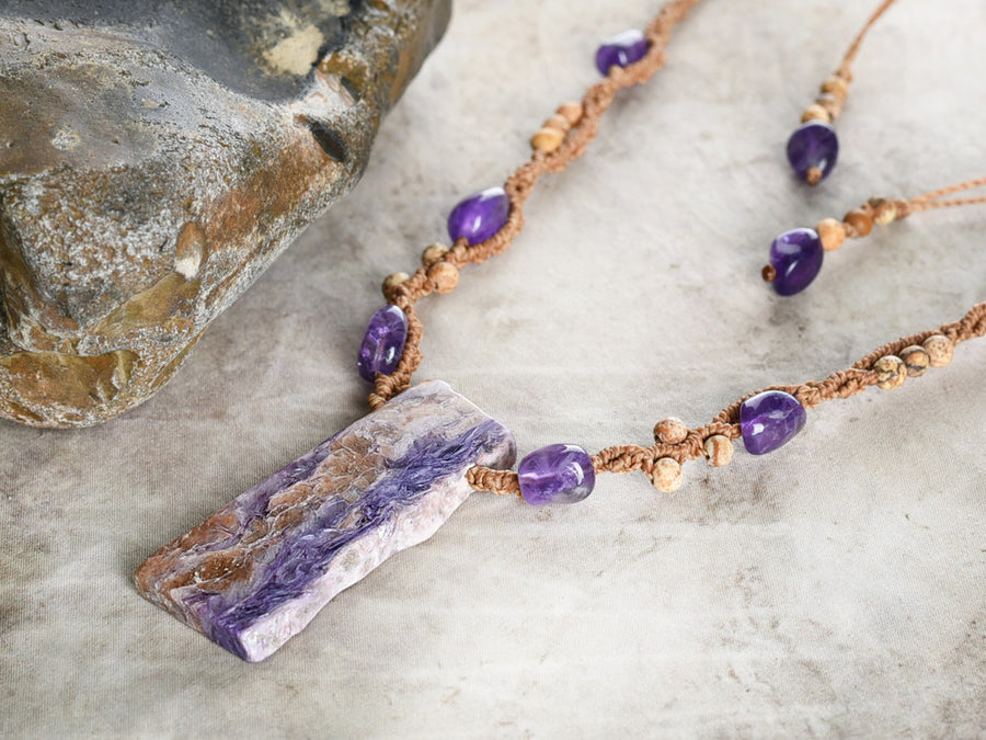 'Violet River' ~ Charoite crystal amulet with Amethyst & Picture Jasper