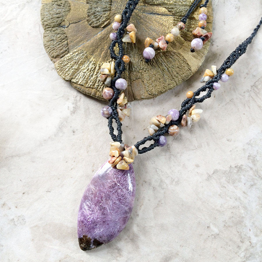 Charoite crystal amulet with Crazy Lace Agate & Lepidolite