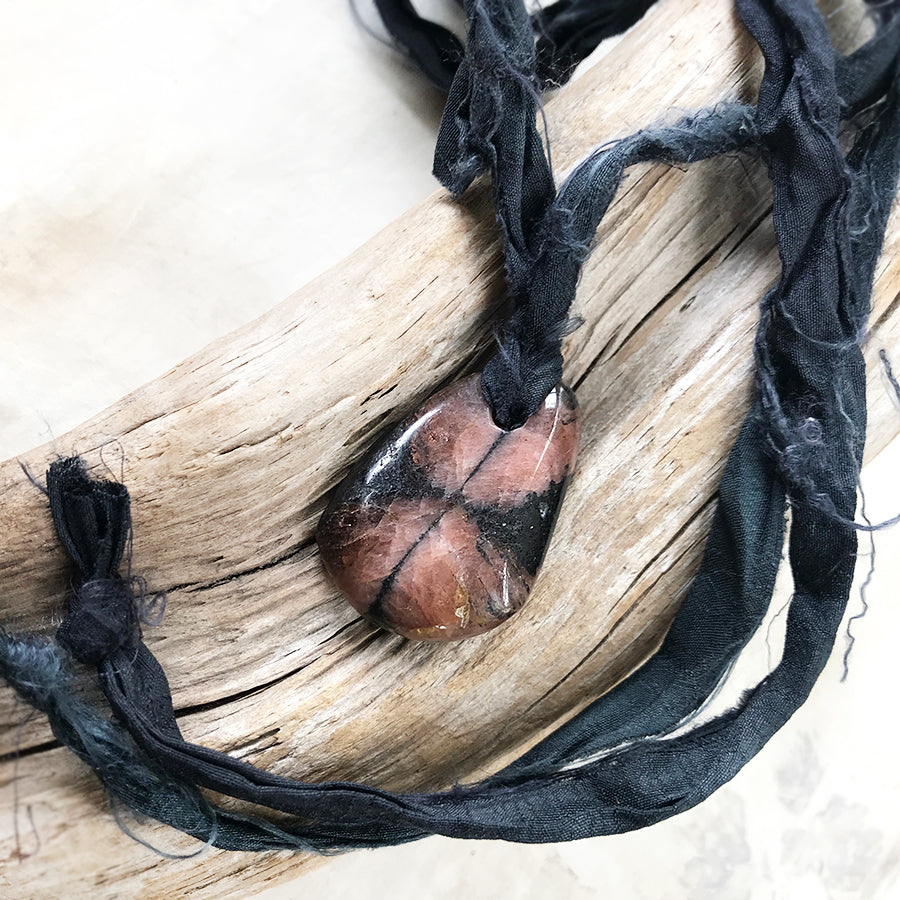 Talismanic Chiastolite crystal healing necklace with silk ribbon
