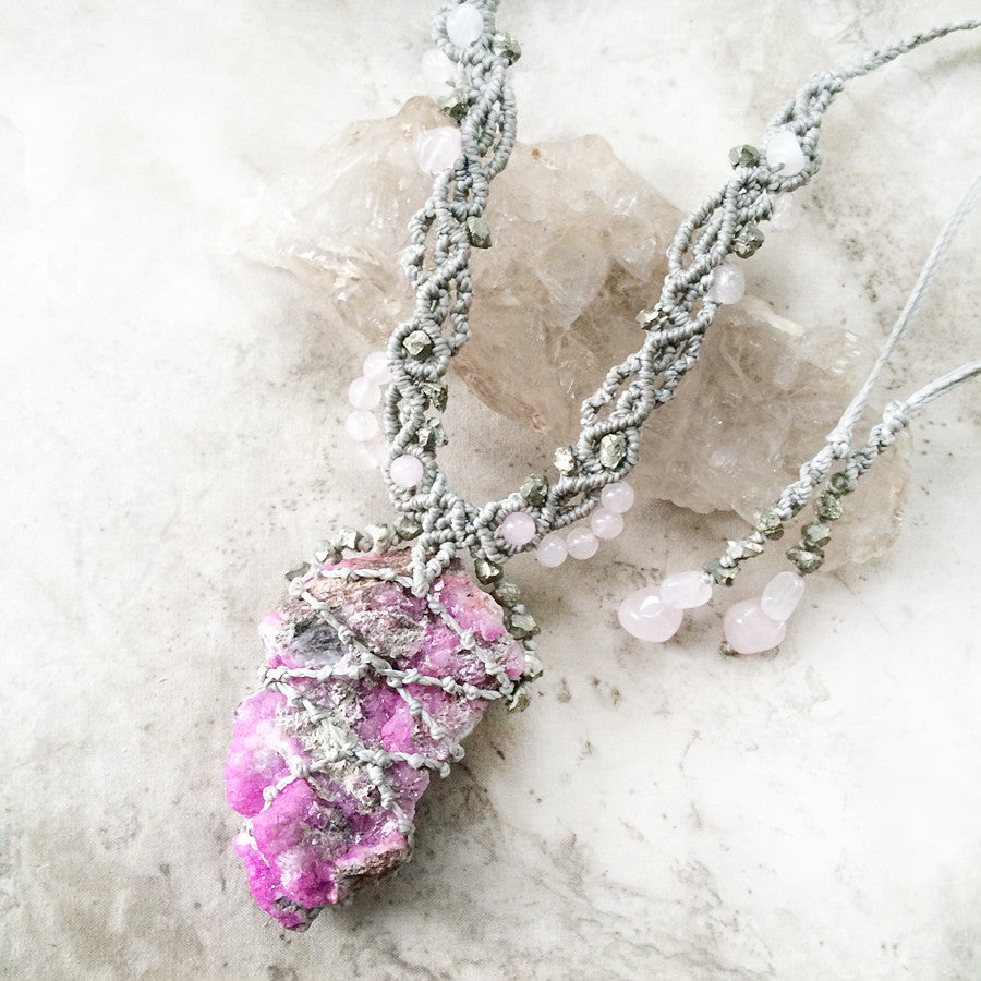 'Garden Within' ~ Cobaltoan Calcite crystal energy necklace with Rose Quartz & Pyrite