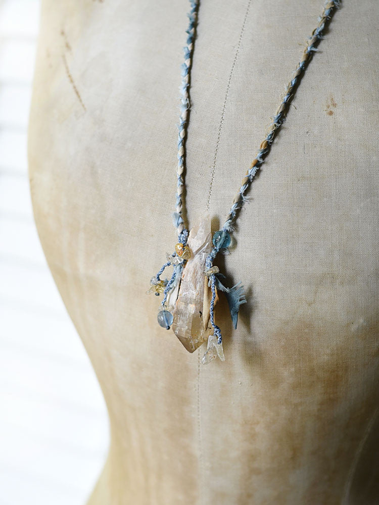 Natural Congo Citrine talisman with Blue Fluorite & Gold Rutile Quartz in silk & cotton braid necklace