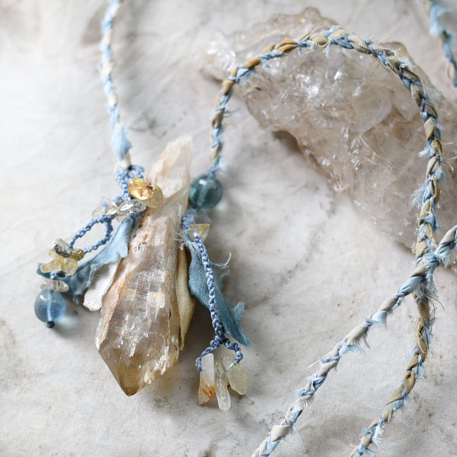 Natural Congo Citrine talisman with Blue Fluorite & Gold Rutile Quartz in silk & cotton braid necklace