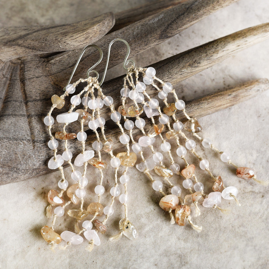 'White Peacock Blessing' ~ crystal healing earrings with Rose Quartz & Gold Rutile Quartz