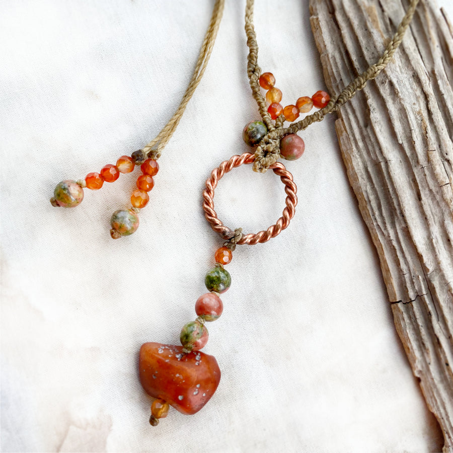 Sacred cubit tensor ring necklace with Carnelian & Unakite