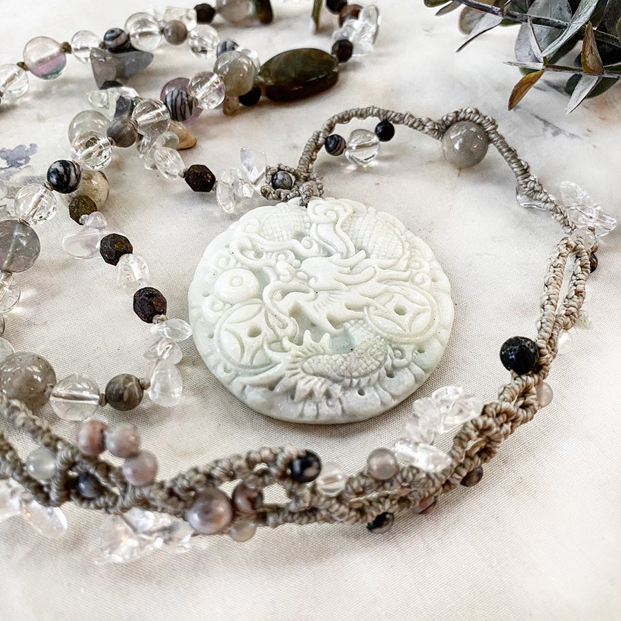 White Jade 'dragon' crystal healing amulet