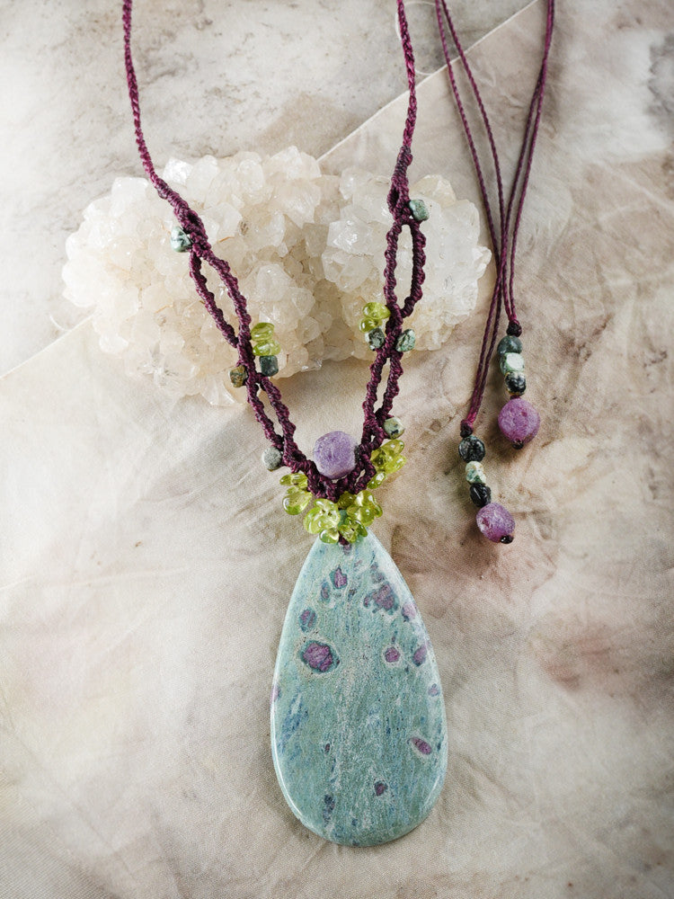 'Secret Garden' ~ Ruby in Fuchsite crystal amulet with Peridot, African Turquoise Jasper & raw Ruby