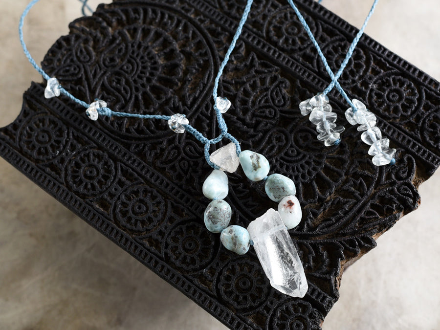 'Ocean Wisdom' ~ crystal healing amulet with clear Quartz point, Larimar & Topaz