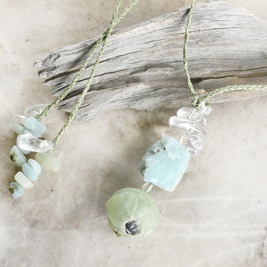 Crystal healing amulet with Amazonite, Prehnite & clear Quartz