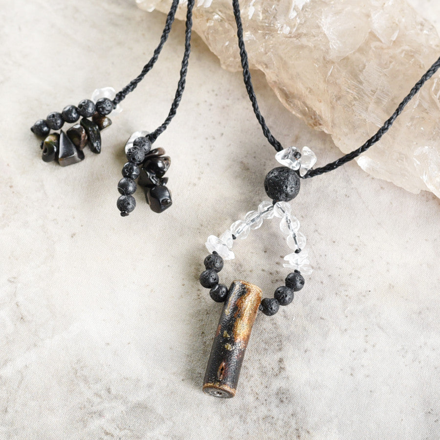'Hidden Strength' ~ protective amulet with Black Coral, Lava Stone & clear Quartz