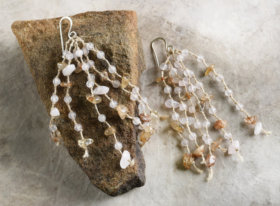 'White Peacock Blessing' ~ crystal healing earrings with Rose Quartz & Gold Rutile Quartz