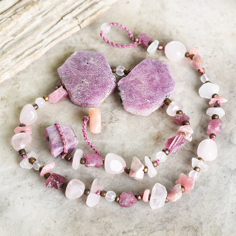 Crystal healing double wrap bracelet in pink tones, with Ruby ~ for 6.5