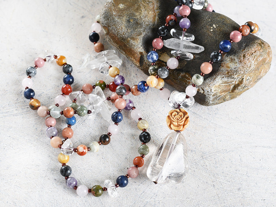 Gemstone mala with several gems combined with clear Quartz