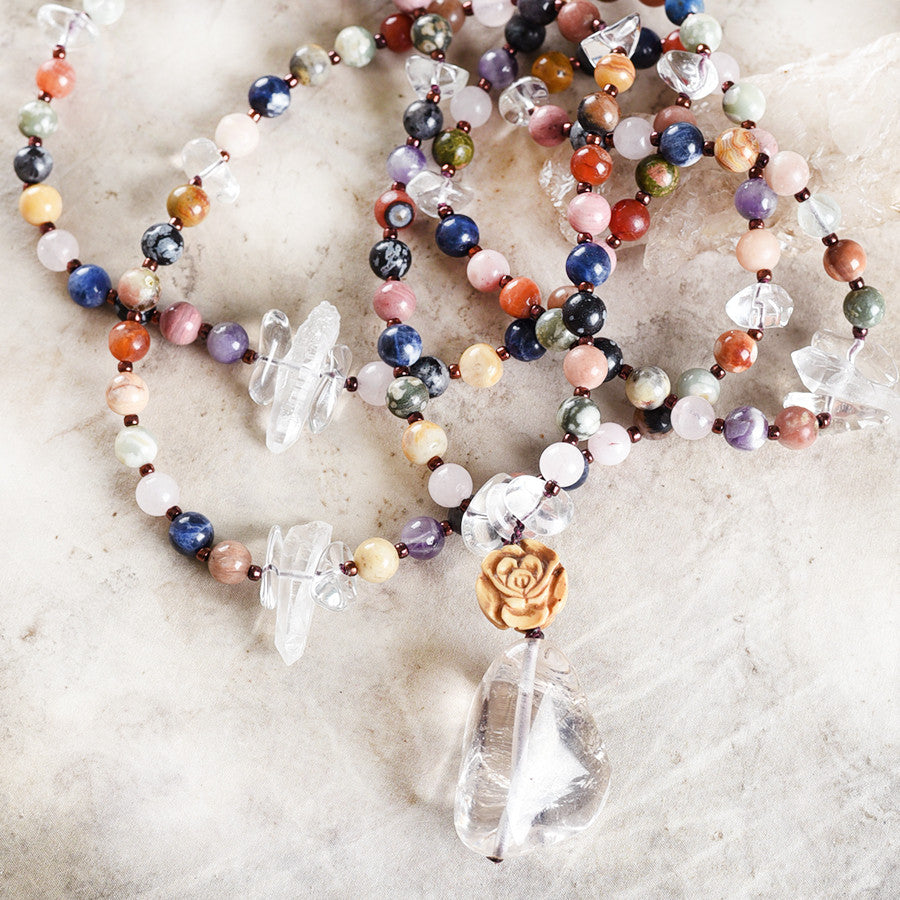 Gemstone mala with several gems combined with clear Quartz