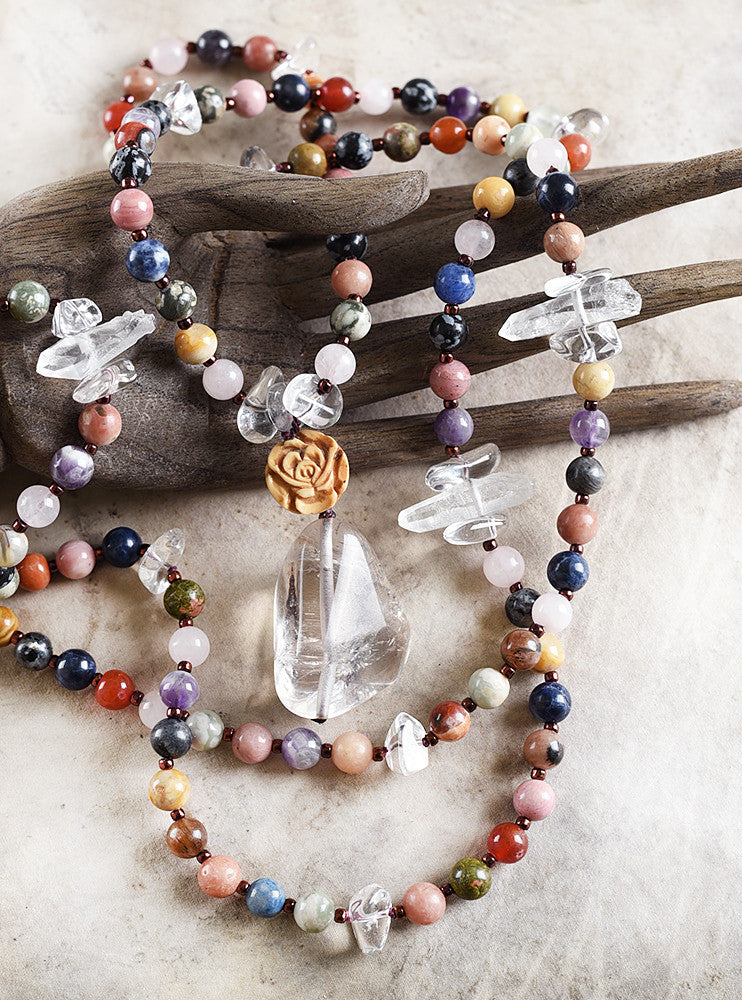 Gemstone mala with several gems combined with clear Quartz