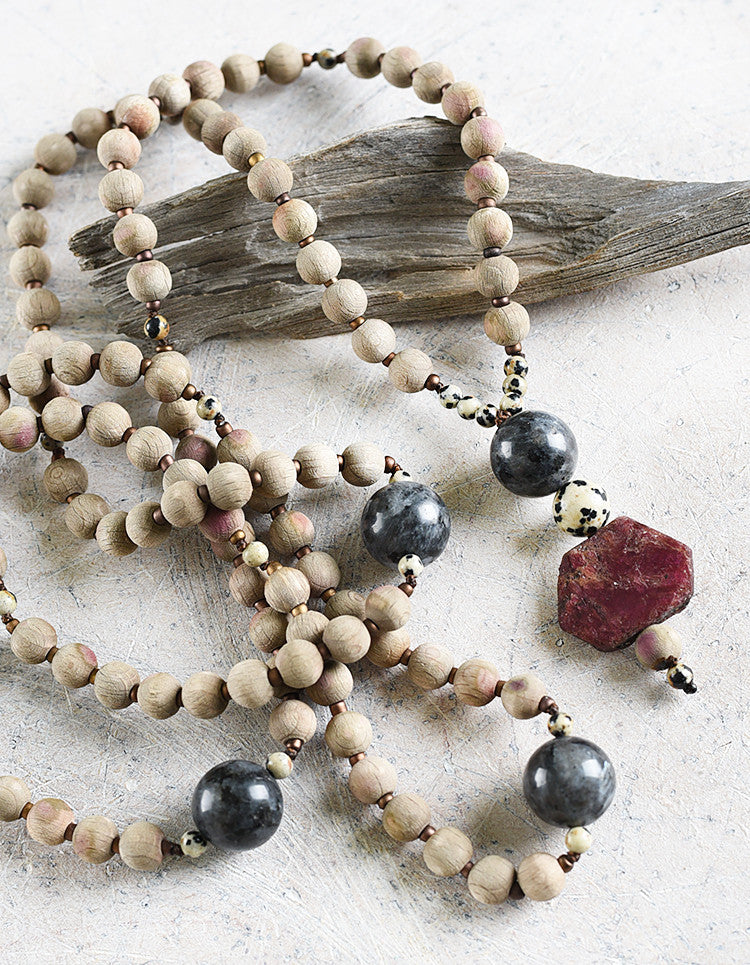 Mala with rough beech wood beads, Norwegian Moonstone, Dalmatian Jasper & raw Ruby