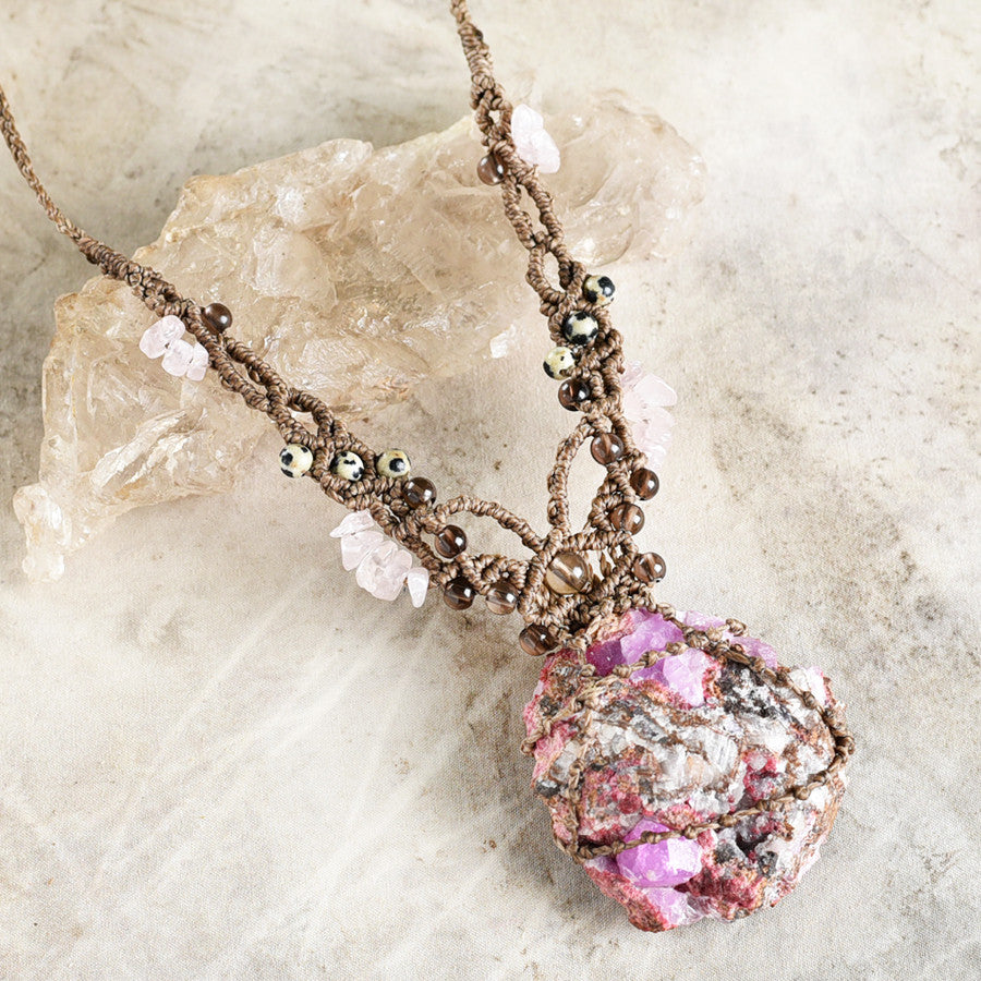 Cobaltoan Calcite crystal healing amulet with Rose Quartz, Smokey Quartz & Dalmatian Jasper