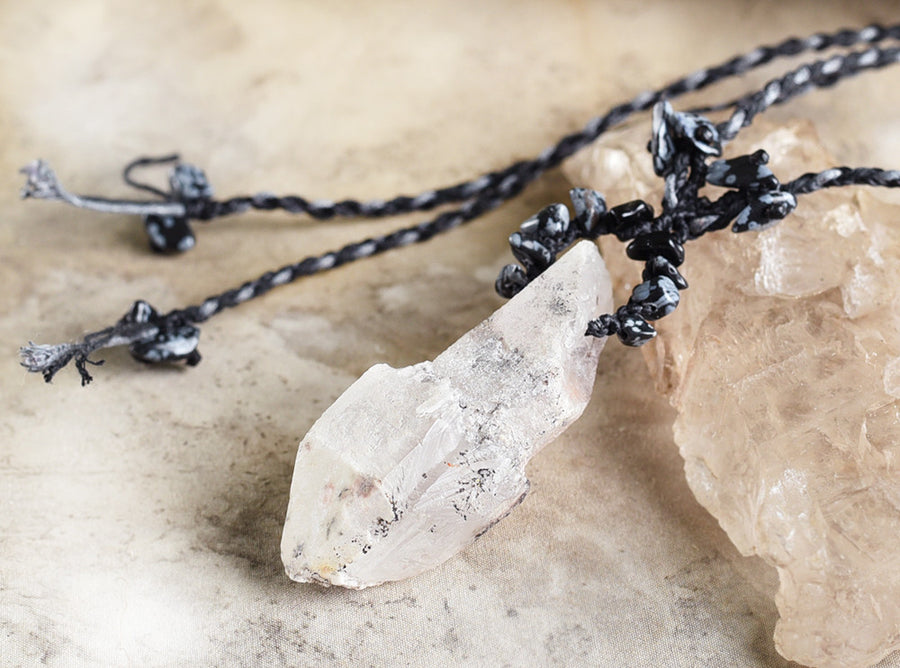Sceptre Quartz stone talisman with Snowflake Obsidian