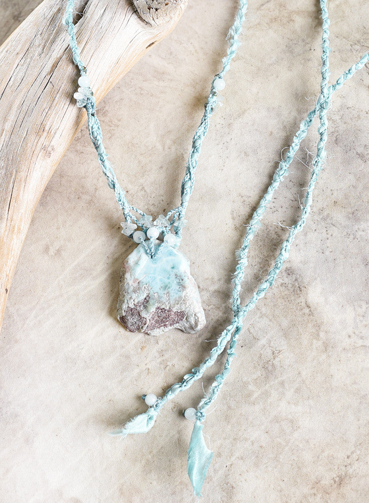 Larimar stone talisman with Aquamarine in silk braid