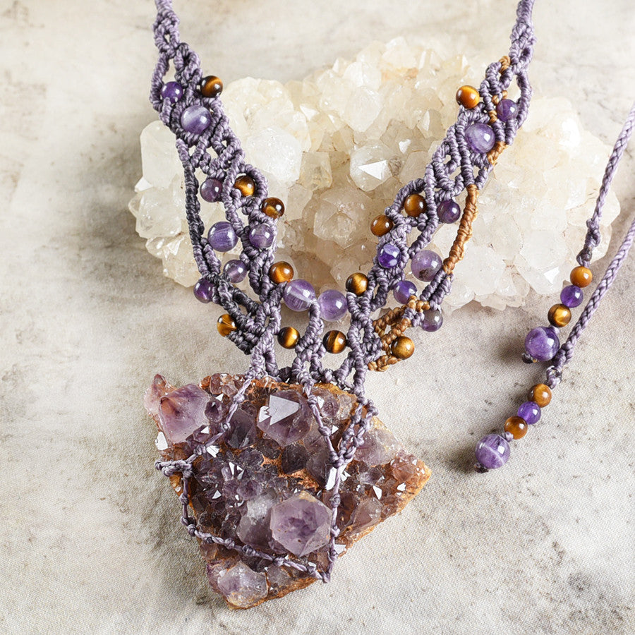 Amethyst Spirit Quartz crystal amulet with Tiger Eye & Chevron Amethyst