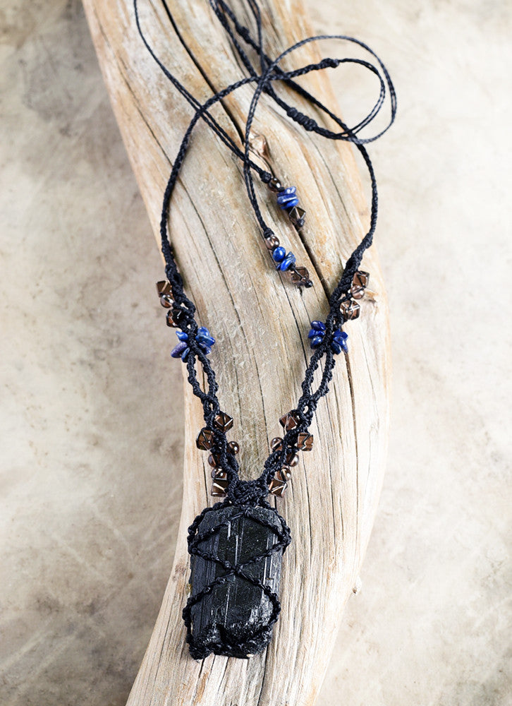 Aegirine crystal amulet with Smokey Quartz & Lapis Lazuli