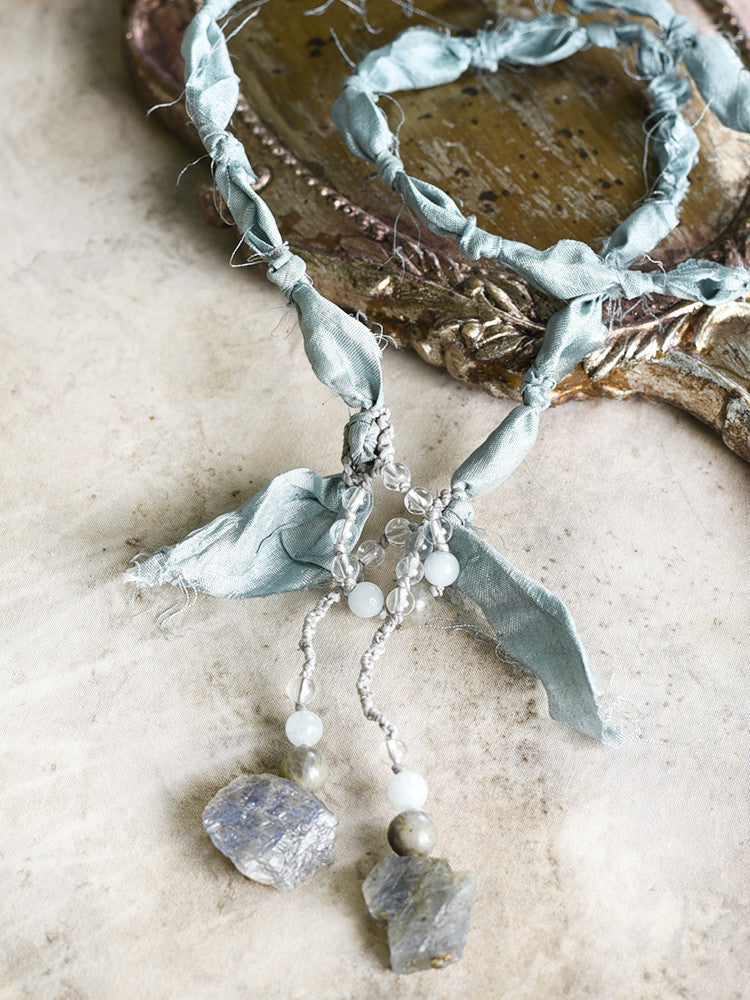 Silk lariat necklace with Labradorite, Aquamarine & clear Quartz