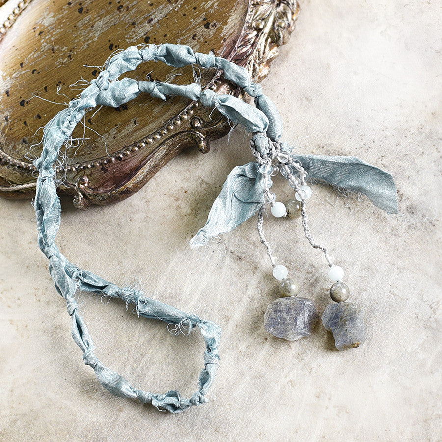 Silk lariat necklace with Labradorite, Aquamarine & clear Quartz