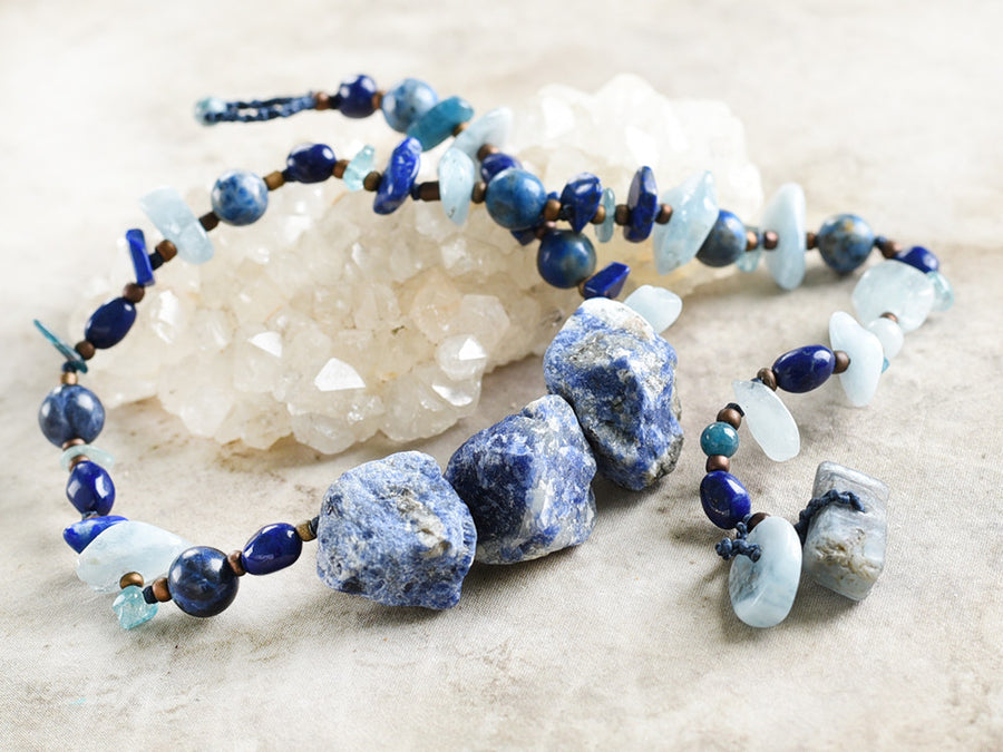Crystal healing double wrap bracelet in blue tones ~ for 6.5