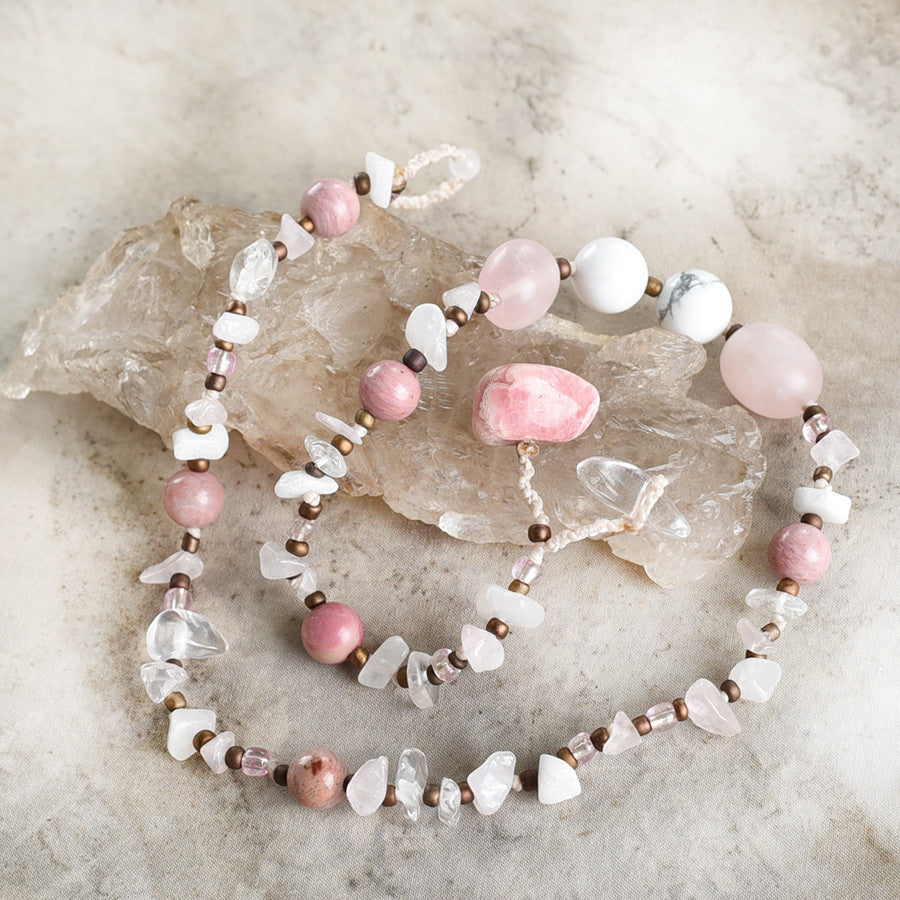 Crystal healing double wrap bracelet in white & pink tones ~ for 6.5