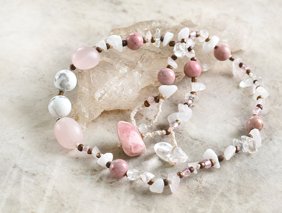Crystal healing double wrap bracelet in white & pink tones ~ for 6.5