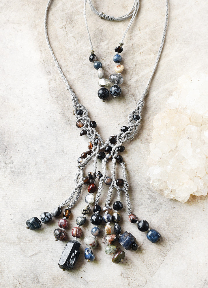 'Seven stone talisman' with Black Tourmaline, Sapphire, Silver Leaf Jasper, Shaman Dream Stone, Dumortierite, Agate & Snowflake Obsidian