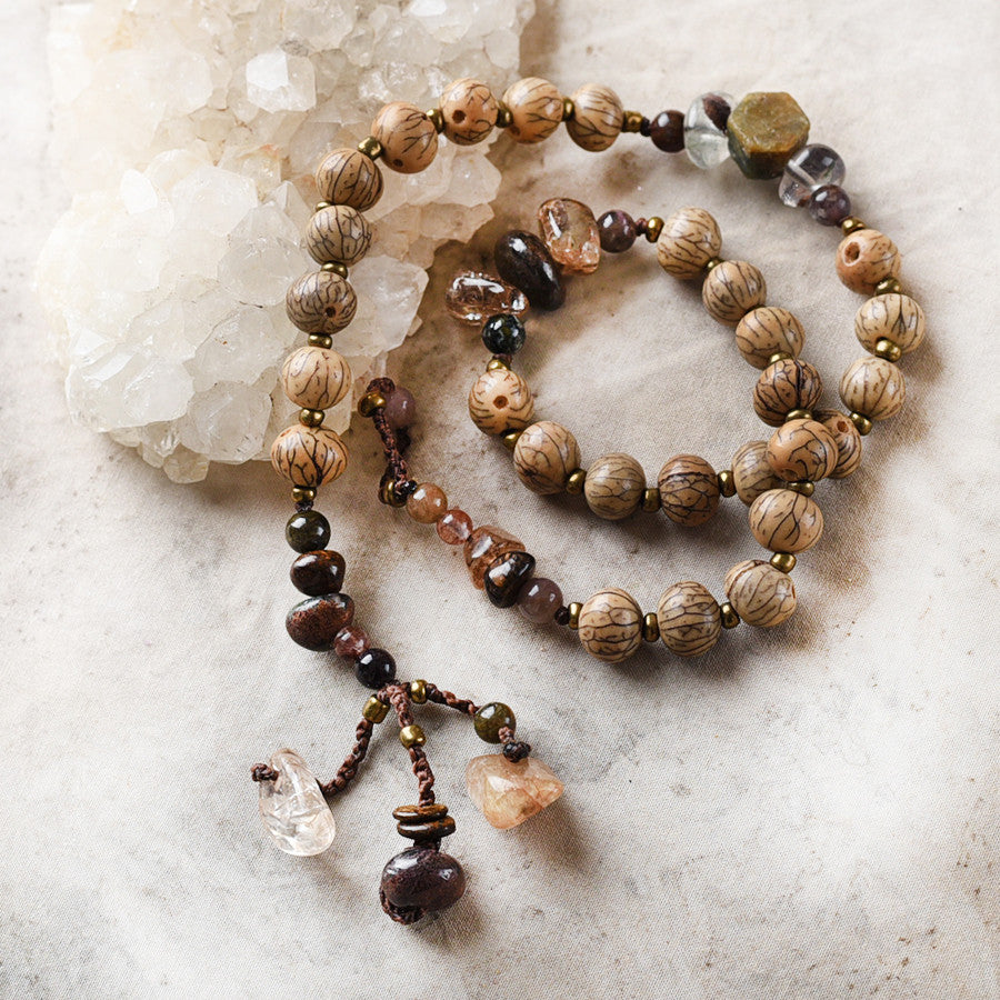 Mala double wrap bracelet with Bodhi seeds & brown tone crystals ~ for up to 6.5