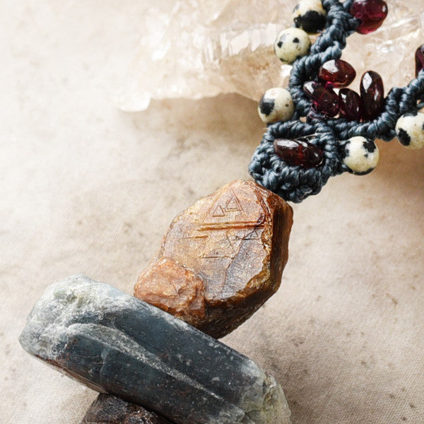 Crystal energy cairn amulet with record-keeper Sapphire, Kyanite & Garnet