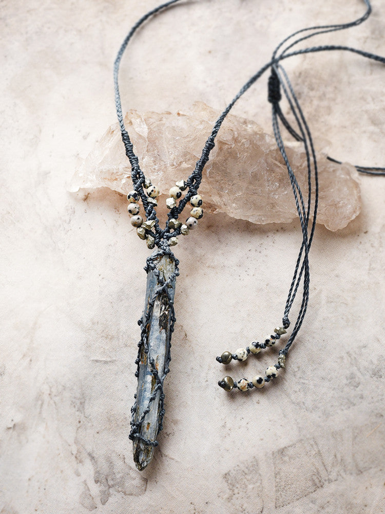 Blue Kyanite crystal amulet with Pyrite & Dalmatian Jasper
