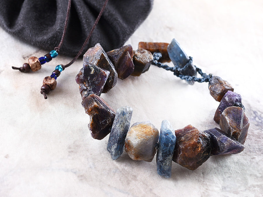 Crystal healing bracelet with raw Sapphire & Kyanite, for up to 6.5