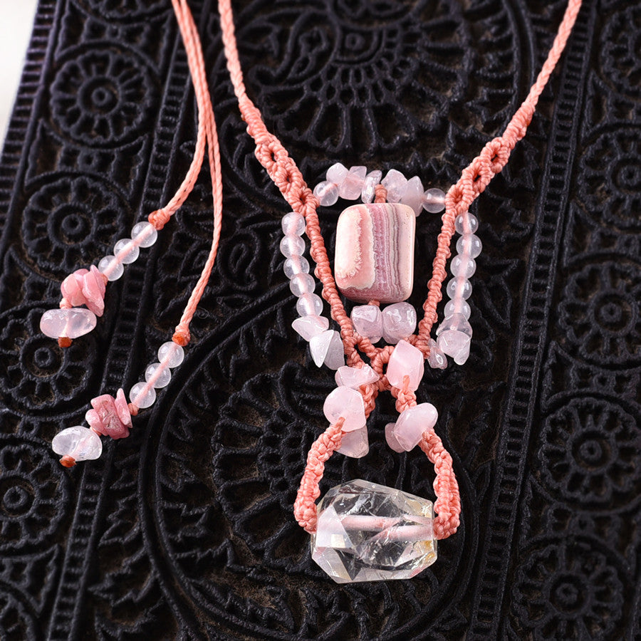 Crystal healing amulet with Lodolite, Rose Quartz & Rhodochrosite