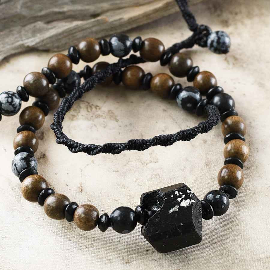 Stone talisman for men ~ with raw Black Tourmaline & Snowflake Obsidian