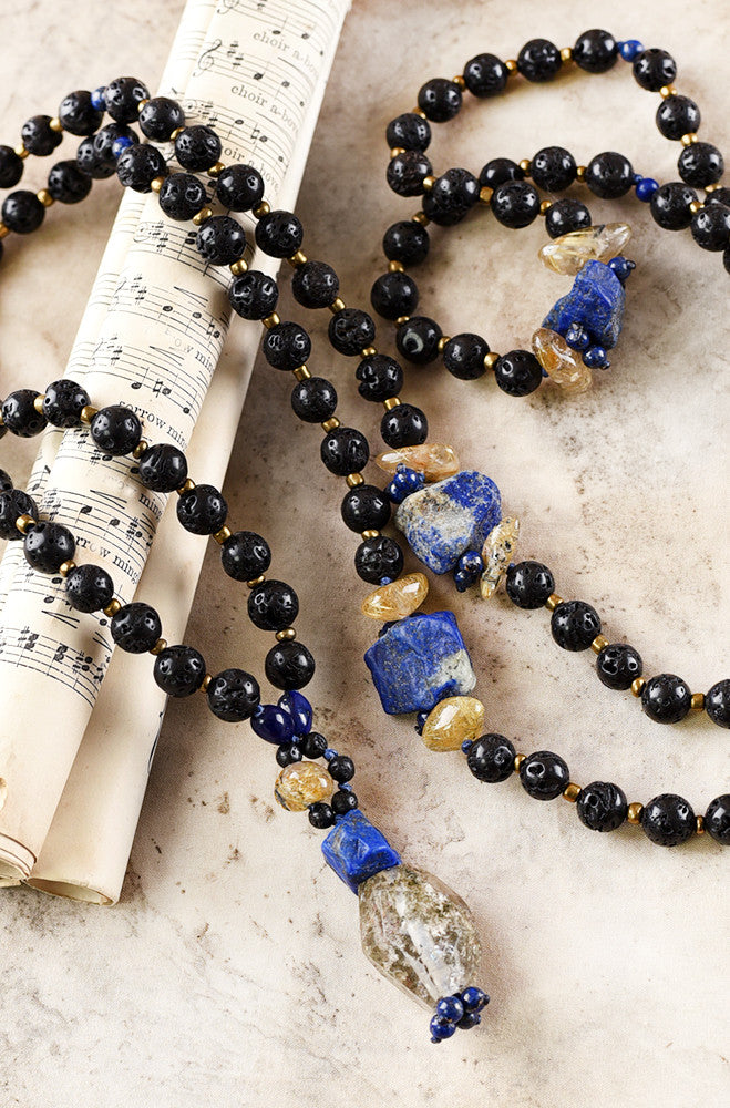 Lava Stone mala with Lapis Lazuli, Gold Rutile Quartz & Shaman Dream Stone Quartz