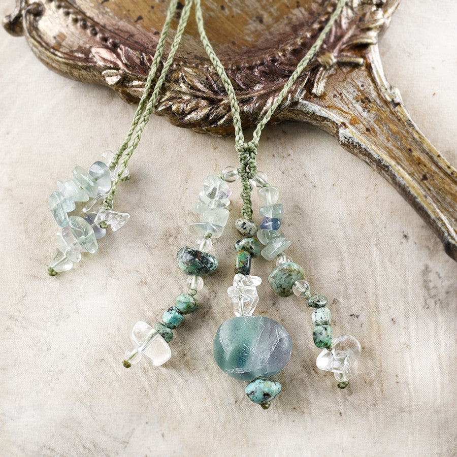 Crystal healing amulet with Fluorite, Afrifan Turquoise Jasper & clear Quartz