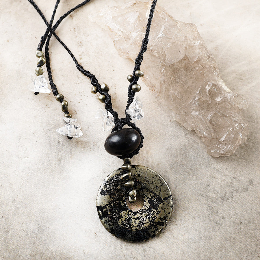Crystal healing amulet with Jet & Pyrite