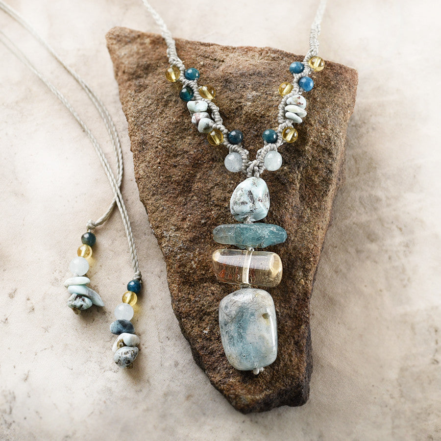 Crystal cairn healing amulet with Aquamarine, Citrine, Apatite & Larimar