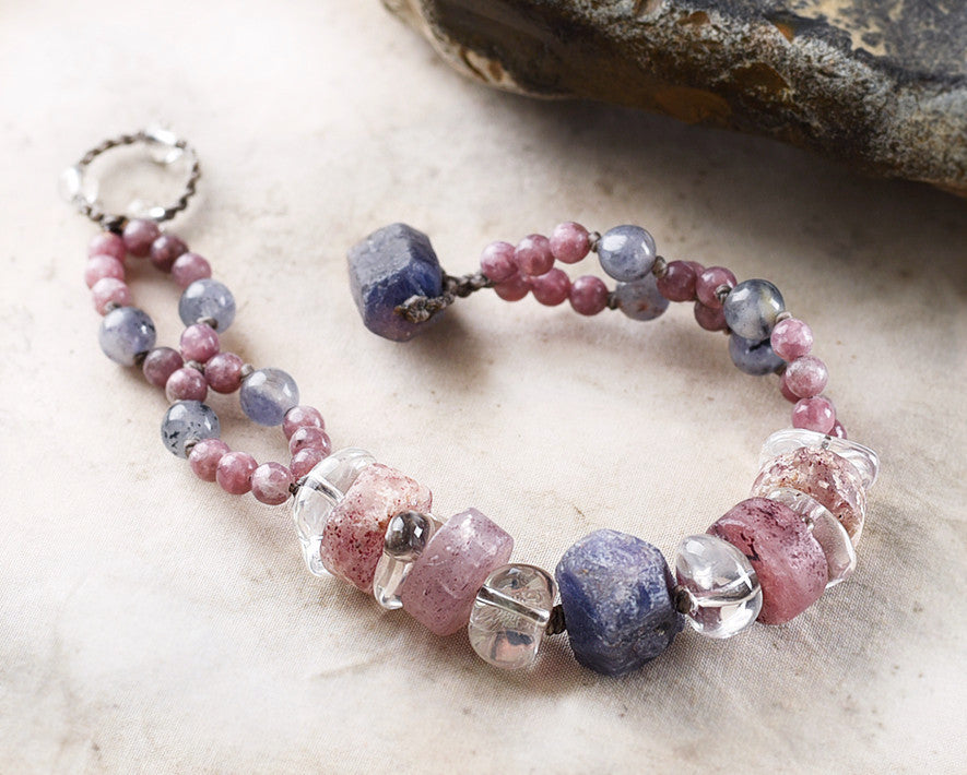 Crystal healing bracelet with Sapphire, Lodolite, Lepidolite, Iolite & clear Quartz ~ for up to 6.25