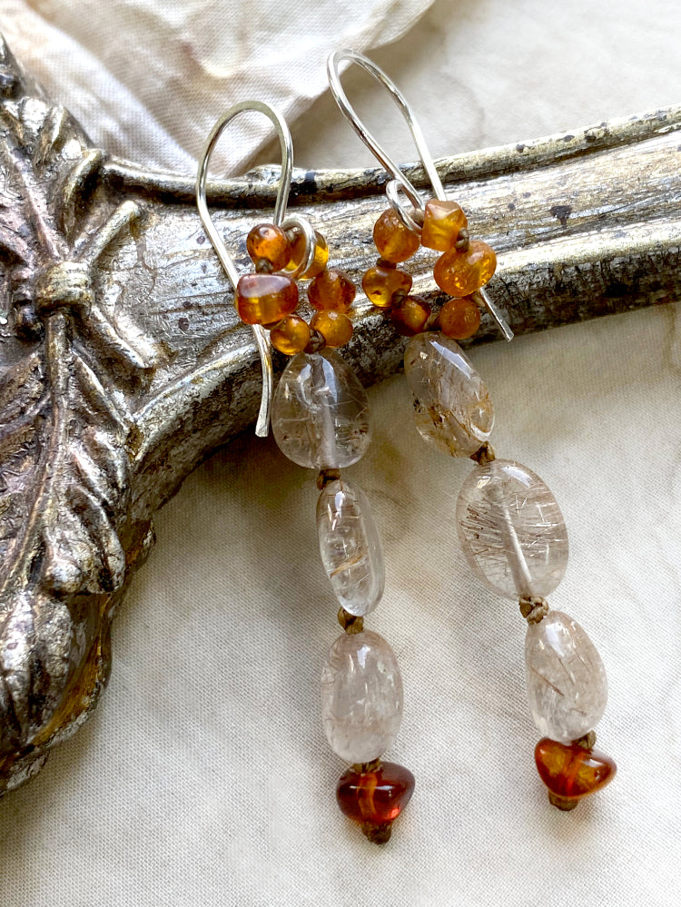 Crystal healing earrings with Amber & Copper Rutile Quartz