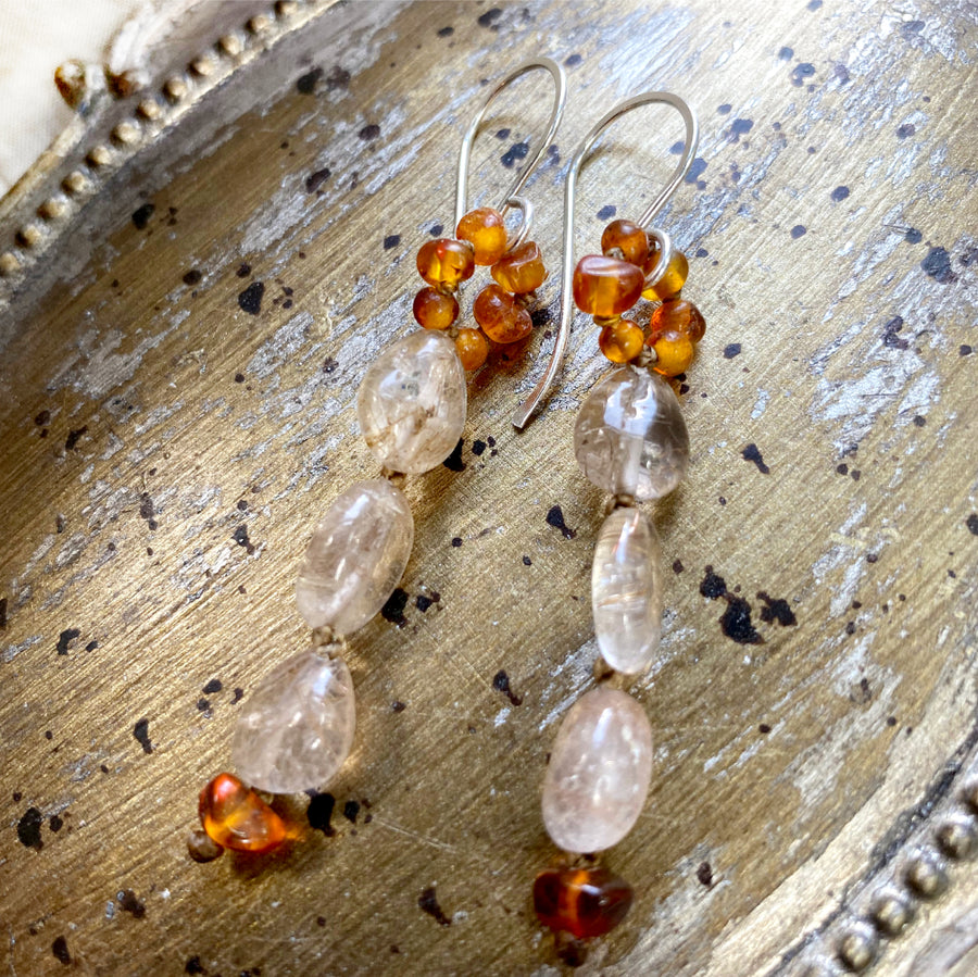 Crystal healing earrings with Amber & Copper Rutile Quartz