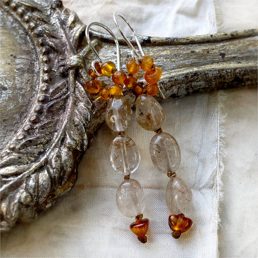 Crystal healing earrings with Amber & Copper Rutile Quartz