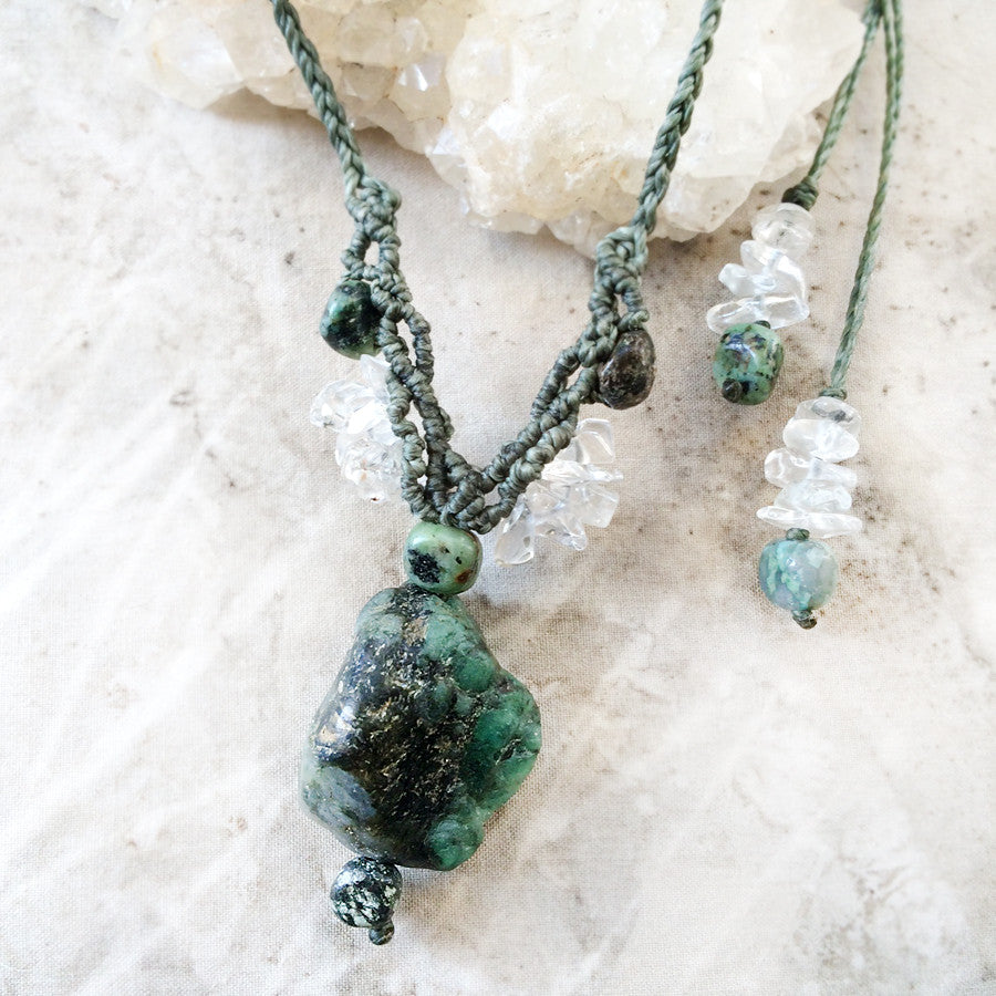 Emerald crystal amulet with African Turquoise Jasper & clear Quartz