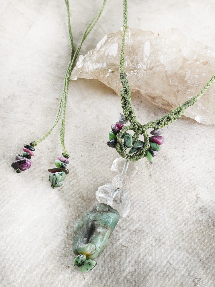 'Love Totem' ~ crystal amulet with Emerald, Topaz & Ruby in Zoisite