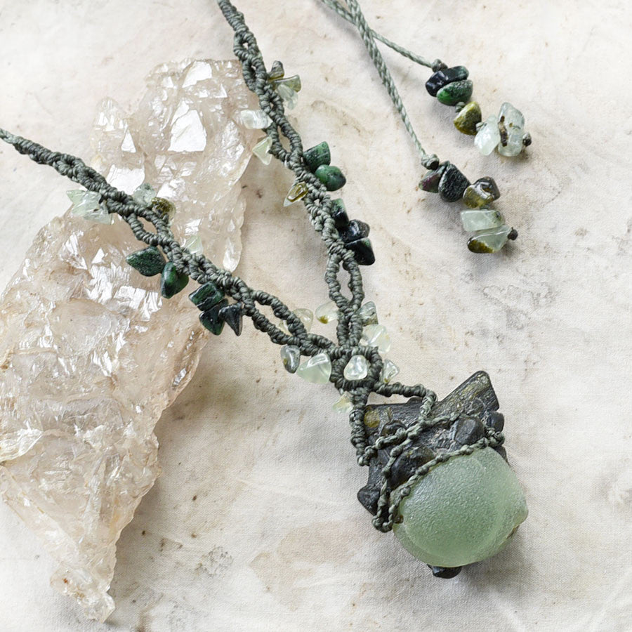 Crystal amulet with Epidote, Prehnite & Anyolite