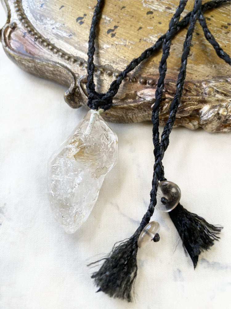 'Soul Path' crystal healing talisman with Fenster Quartz in satin & silk braid